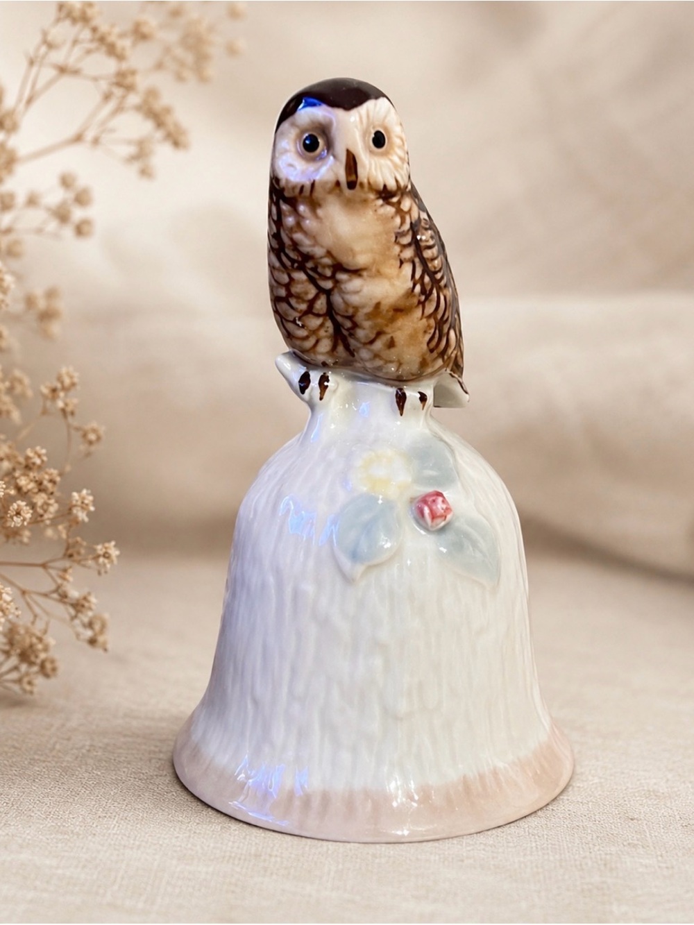Vintage Ceramic Brown and White Owl Bell